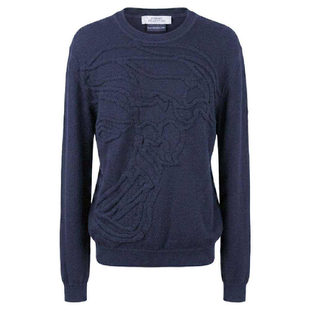 VERSACE COLLECTION Men's Navy 100% Virgin Wool Medusa Head Relief Knit Sweater
